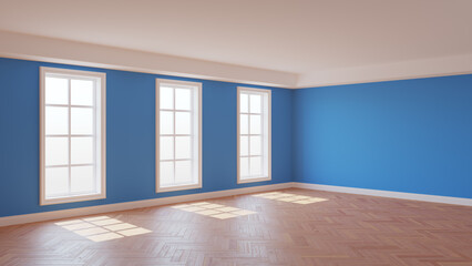Obraz premium Beautiful Sunny Interior with Blue Walls, Three Large Windows, White Ceiling and Cornice, Glossy Herringbone Parquet Flooring and a White Plinth. 3D illustration. Ultra HD 8K 7680x4320, 300 dpi