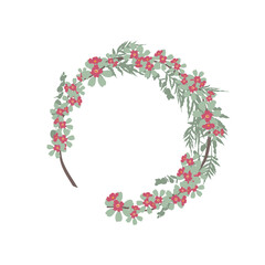 Hand drawn round wreath with bright pink hibiscus flowers. Flat vector illustration.