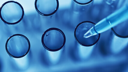Drop from pipette drips into laboratory test tubes.