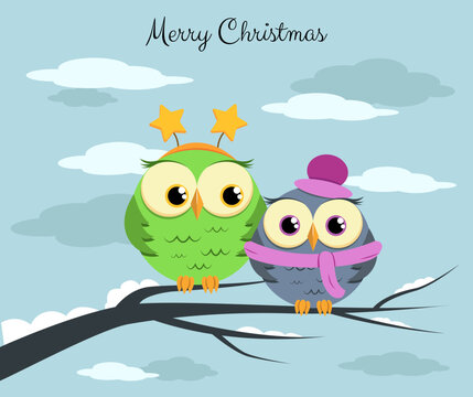 Two vector owls on the branch. Merry Christmas postcard in flat stile with cute birds