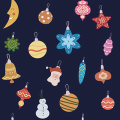 Christmas seamless pattern retro balls, toys. Doodle vintage icons