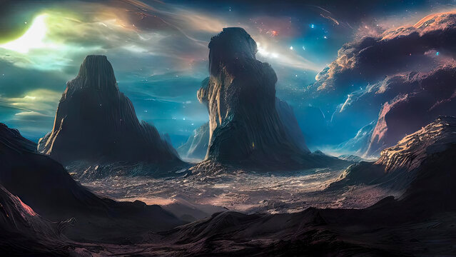 Science fiction Rough rock planetary tera landscape. Background illustration, digital matte painting