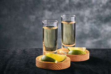 Gold tequila with lemon on a gray background