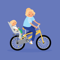 Woman on a bicycle with a child in a bicycle seat