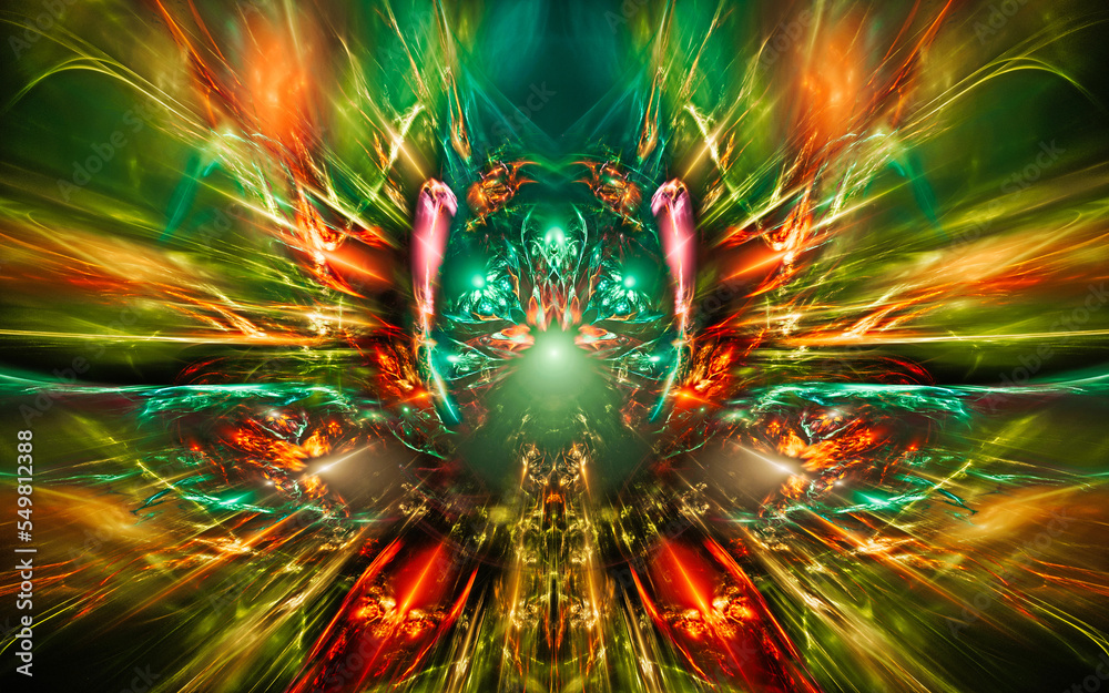 Fototapete digital illustration abstract image generated fractal background image portal pattern of various geometric shapes and lines of various colors for computer graphics or web design