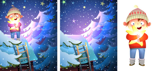 Cute little boy on the roof holding a star. Winter night in forest romantic starry sky. Childhood Christmas dreams and wishes drawing for kids story. Vector artistic illustration in watercolor style.