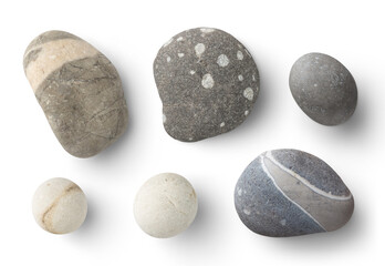 Fototapeta na wymiar set of six different natural pebbles / stones with interesting patterns and colors isolated over a transparent background, top view for your flatlays and scenes