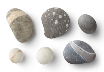variety of six different natural pebbles / stones with interesting patterns and colors, round ones, with quartz stripes and dotted, grey and white, isolated over transparency, top view, flat lay