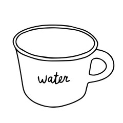 Black and white hand drawing outline vector illustration of a cup with lettering Water isolated on a white background