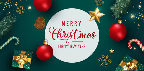 Merry christmas layout composition design. Festive Christmas Composition with fir branches, christmas baubles and snowflakes on a colorful abstract background. Top view vector illustration. - Powered by Adobe