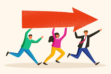 People carry big arrow to goal. Team reaches target. Workers have achievement. Vector Illustration 10 eps