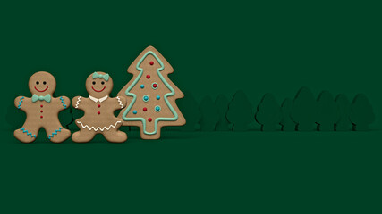 Gingerbread man and woman with decorated gingerbread Christmas tree on pine green widescreen background.