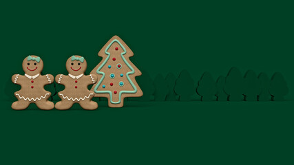 Obraz na płótnie Canvas Gingerbread women with decorated gingerbread Christmas tree on pine green widescreen background.