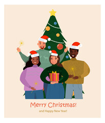 Happy peoples with presents near Christmas tree. Beautiful element for your New Year design. Christmas eve, happy celebraite, office party, family dinner concept.