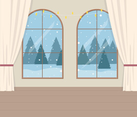 Vector room with big windows and winter landscape. Beautiful Christmas background. Element of New Year poster, card, decorative elenent. 