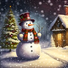 A whimsical illustration of a snowman wearing a top hat, scarf, and mittens, standing in a snowy field.