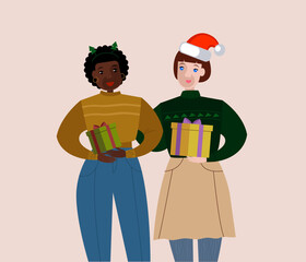 Two happy girls with  Christmas presents. Beautiful element for your New Year design. Christmas eve, happy celebraite, office party, family dinner concept.