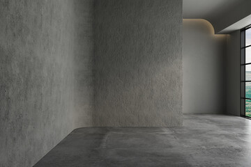 3d rendering, 3d illustration - Empty room with Gray Color background wall, concrete floor. Suitable for interior rooms, offices, furniture template. Mock up.