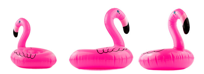 Beach flamingo. Pink pool inflatable flamingo for summer beach isolated on white background. Funny bird toy for kids.