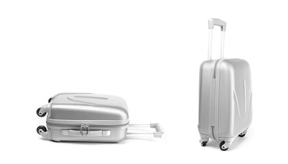 Travel suitcase isolated. Silver plastic luggage or vacation bag