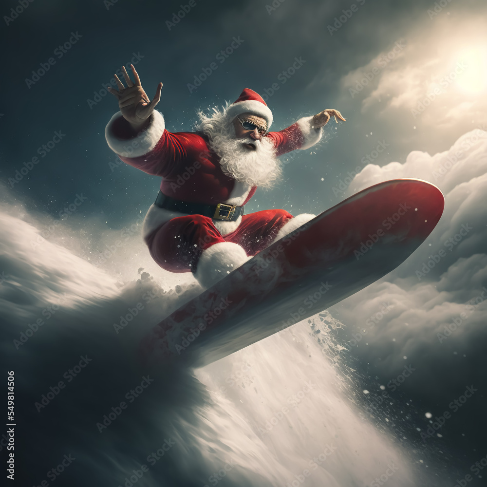 Wall mural santa claus surfing a wave at christmas