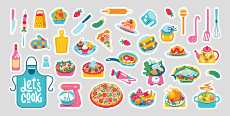 A set of food and sweets stickers for a recipe. ingredients, vegetables, soup, chicken, salad