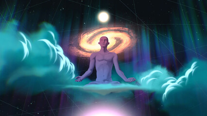 The astral body meditates in the lotus position on a cloud against the background of outer space,  digital art, illustration painting