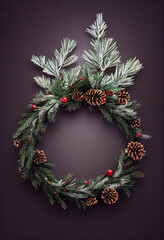 Fototapeta na wymiar Beautiful Christmas wreath with spruce branches, cones and red berries, grey background, AI generated image