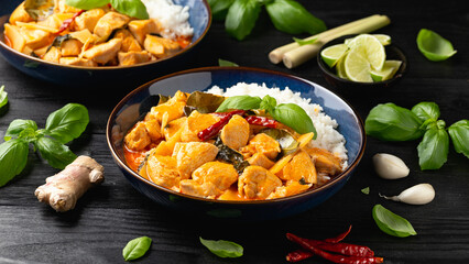 Thai red curry with chicken, vegetables and rice