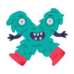 Monster Alphabet with Capital Furry Letter X in Boots Vector Illustration