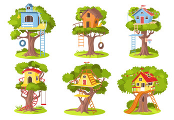 Children tree houses. Kids playing constructions with rope and wooden ladders. Tire swings. Cozy buildings on wood branches. Little homes. Playground huts. Splendid vector isolated set