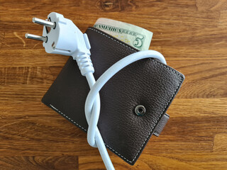 5 five dollar bill and electric plug in leather wallet