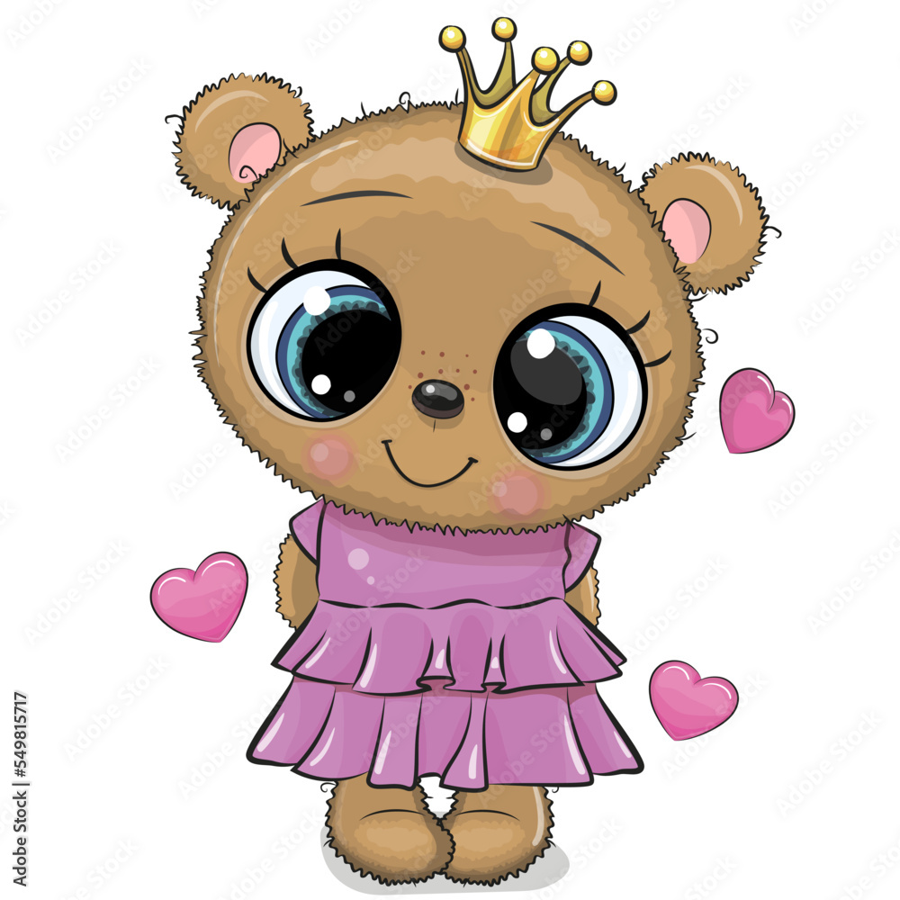 Sticker bear princess in a pink dress with hearts