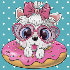 Cartoon Puppy with a pink bow and donut
