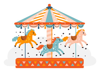 Horses carousel. Kids park attraction. Carnival wheel with funny ponies. Decorative equine animals. Round rides. Rotating entertainment device. Funfair roundabout. Garish vector concept