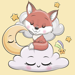 Cartoon Fox is sleeping a on the Cloud
