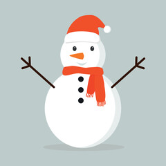 Snowman with red scarf and Christmas hat isolated on gray background. Flat design. Vector illustration eps 10.