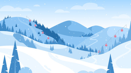 Winter mountain landscape. Vector illustration of ski resort with snowy hill, slope, funicular, ski lift. Outdoor holiday activity in Alps. Winter sport. Skiing and snowboarding. Active weekend