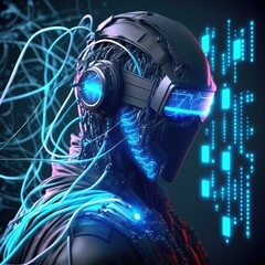 Cyber hacker, metaverse, programming with VR helmet