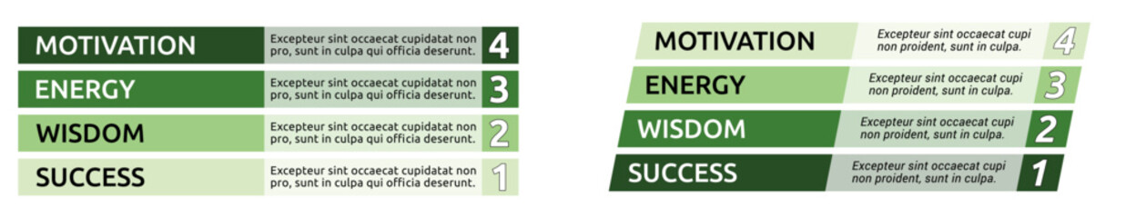 Simple four steps or levels infographics, 4 green bar with text, rectangular and slanted version
