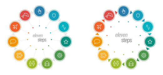 Eleven circles each different color, connected with triangle arrows forming one larger circle - multiple steps process infographics