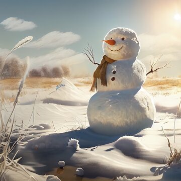 melting snowman on a sunny day but he is still smiling and keeping his carrot, generative ai