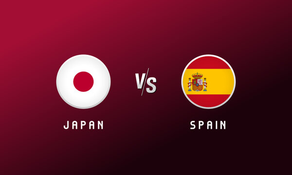 Japan vs Spain flag round emblem. Football cover background with Japanese and Spanish national flags logo. Sport vector Illustration for tournament design or competition calendar