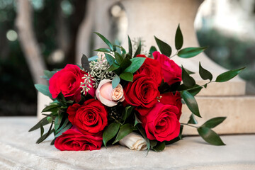Bridal bouquet on Wedding Day, flowers of red roses for special event as Wedding, Birthday or Mother's Day