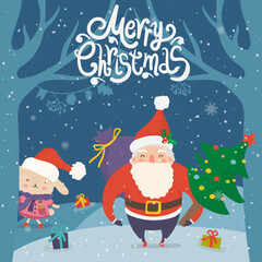 Cartoon illustration for holiday theme with happy Santa Claus and rabbit on winter background with trees and snow. Greeting card for Merry Christmas and Happy New Year.Vector illustration. - 549817721