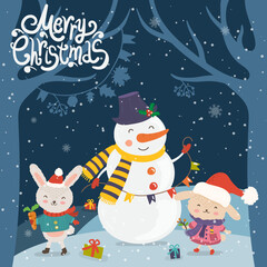 Cartoon illustration for holiday theme with snowman and two happy funny rabbits on winter background with trees and snow. Greeting card for Merry Christmas and Happy New Year. .Vector illustration.