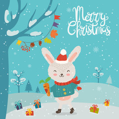 Cartoon illustration for holiday theme with happy funny rabbit on winter background with trees and snow. Greeting card for Merry Christmas and Happy New Year.  - 549817746