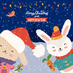 Cartoon illustration for holiday theme with  two happy funny rabbits on winter background with trees and snow. Greeting card for Merry Christmas and Happy New Year.  - 549817769