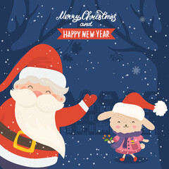 Cartoon illustration for holiday theme with happy Santa Claus and rabbit on winter background with trees and snow. Greeting card for Merry Christmas and Happy New Year.  - 549817776