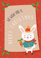 Cartoon illustration for holiday theme with happy bunny.Greeting card for Merry Christmas and Happy New Year. - 549817919